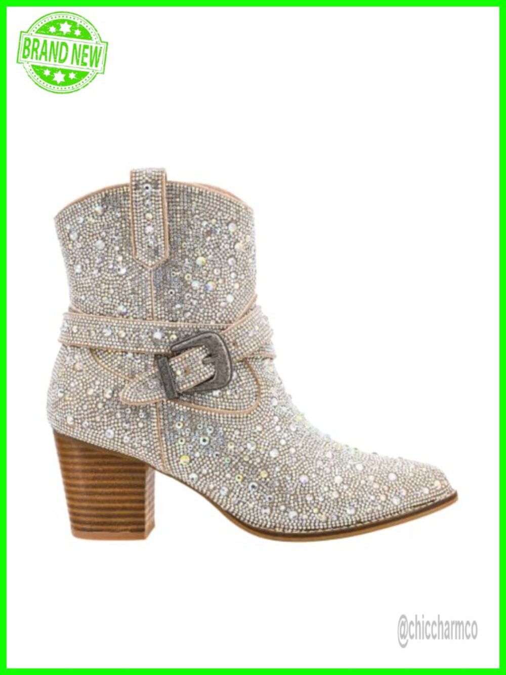 Pointed Toe Ankle Bootie Stacked Heel Western Buckle Side Zip EVA Insole